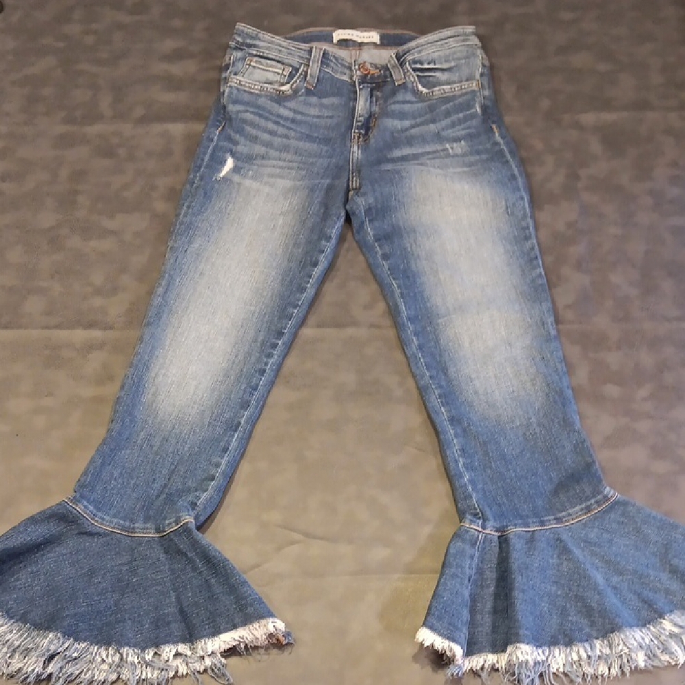 Flying Monkey Distressed Blue Flare Jeans with Frayed Hem